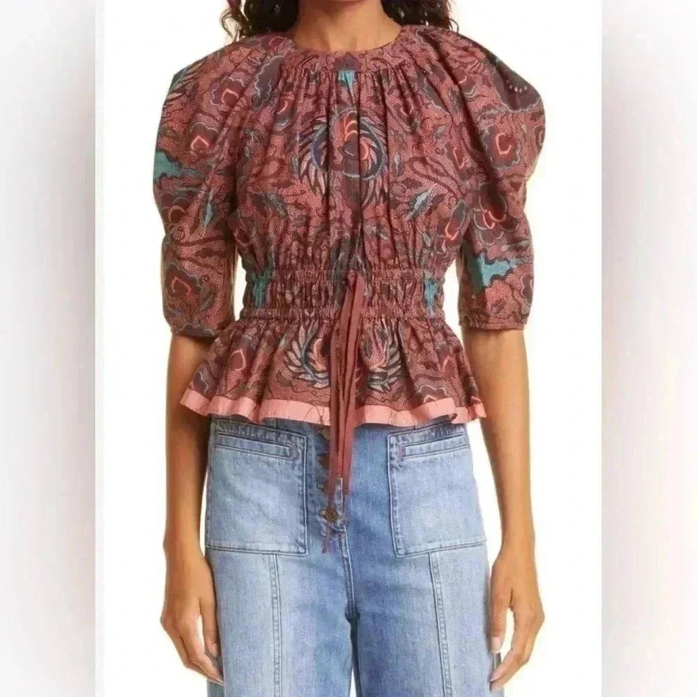 ULLA JOHNSON Cotton Blouse 2 Mireya Denisa Carmine Print Puff Sleeve Top Shirt